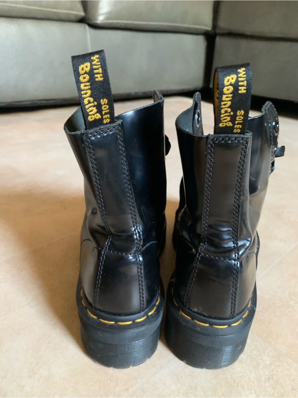Dr. Martens Black Lace-Up Platform Combat Boots with Yellow Stitching - Picture 4 of 6